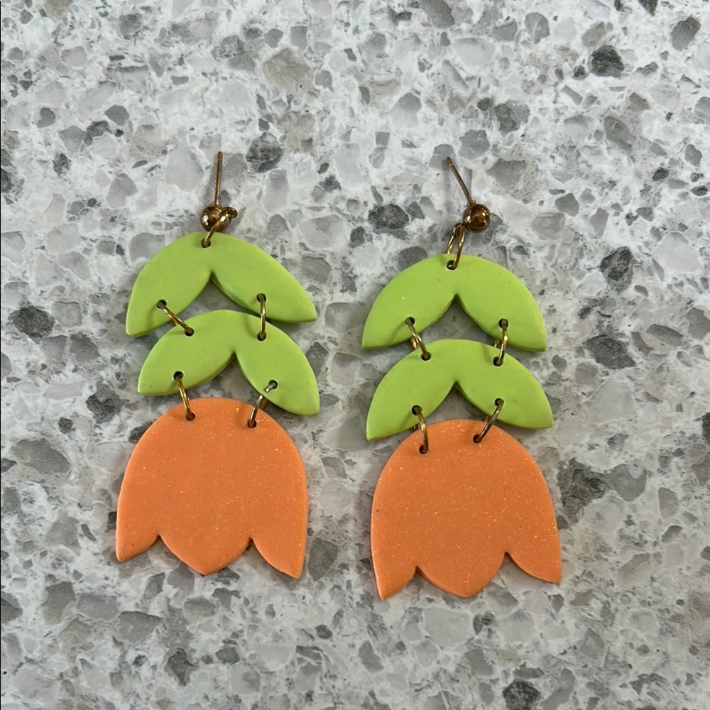 Vibrant Flower Orange Leafy Dangle Earrings